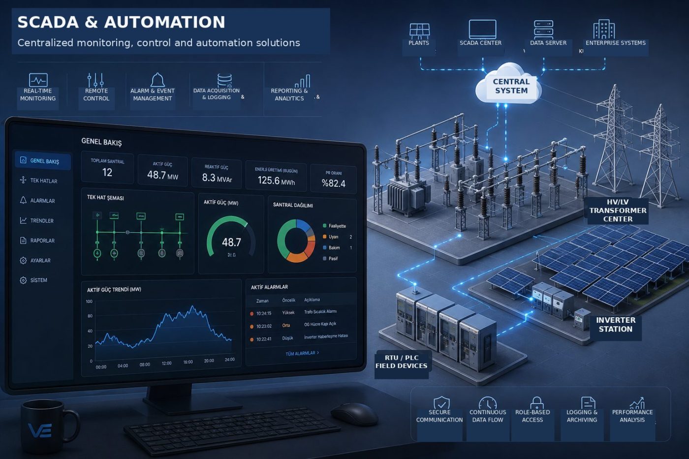SCADA and automation architecture: field devices, central system and monitoring screens
