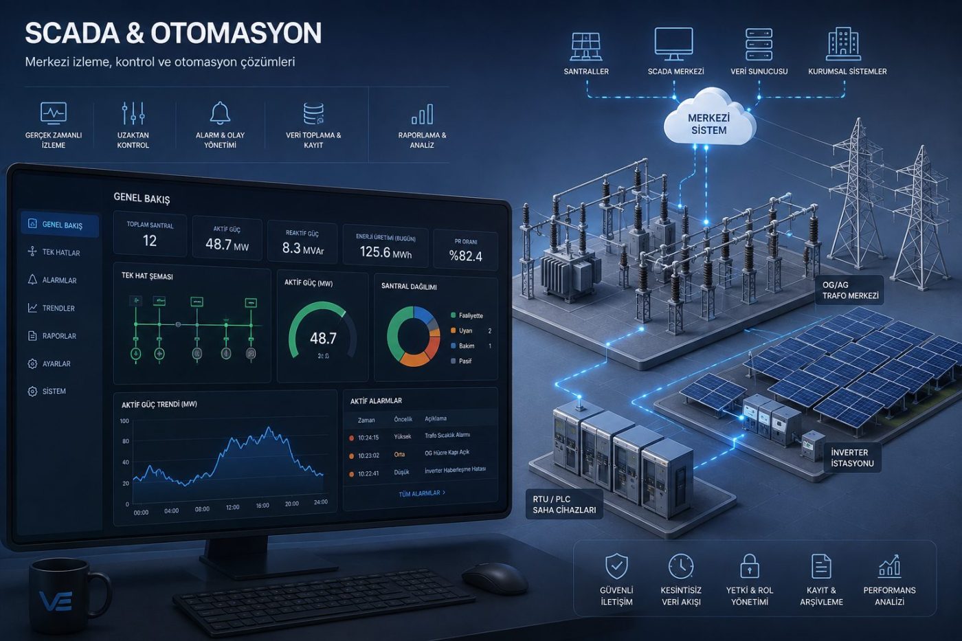SCADA ve otomasyon: kontrol odası, tek hat şeması ve saha izleme